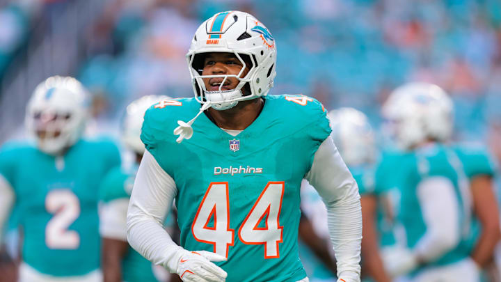 Miami Dolphins linebacker Chop Robinson (44) reacts after sacking Jacksonville Jaguars quarterback John Wolford (not pictured) during the first quarter at Hard Rock Stadium. 