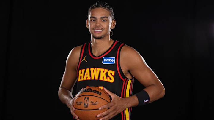 Sep 29, 2025; Atlanta, GA, USA;  Mandatory Credit: Atlanta Hawks forward Asa Newell (14)  poses for a photo during Media Day. Dale Zanine-Imagn Images