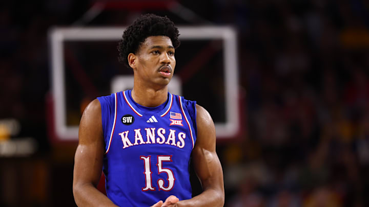 Mar 3, 2026; Tempe, Arizona, USA; Kansas Jayhawks forward Bryson Tiller (15) against the Arizona State Sun Devils at Desert Financial Arena. Mandatory Credit: Mark J. Rebilas-Imagn Images Mar 3, 2026; Tempe, Arizona, USA; Kansas Jayhawks forward Bryson Tiller (15) against the Arizona State Sun Devils at Desert Financial Arena. Mandatory Credit: Mark J. Rebilas-Imagn Images
