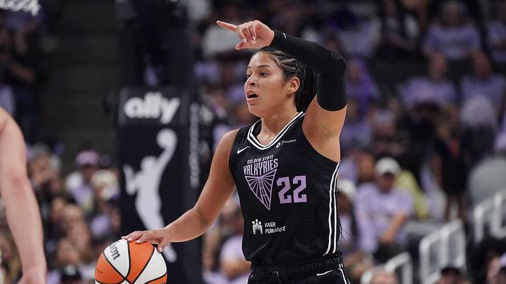 Golden State Valkyries guard Veronica Burton (22) dribbles upcourt against the Minnesota Lynx in the first quarter during game two of round one for the 2025 WNBA Playoffs at SAP Center. 