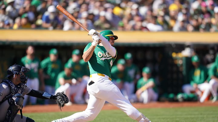 Sep 22, 2024; Oakland, California, USA; Oakland Athletics infielder Ryan Noda hits a two-run double against the New York Yankees in the sixth inning at the Oakland-Alameda County Coliseum. Mandatory Credit: Cary Edmondson-Imagn Images Sep 22, 2024; Oakland, California, USA; Oakland Athletics infielder Ryan Noda hits a two-run double against the New York Yankees in the sixth inning at the Oakland-Alameda County Coliseum. Mandatory Credit: Cary Edmondson-Imagn Images