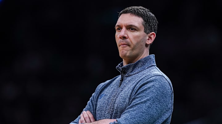 Mar 12, 2025; Boston, Massachusetts, USA; Oklahoma City Thunder head coach Mark Daigneault watches from the sideline as they take on the Boston Celtics at TD Garden. Mandatory Credit: David Butler II-Imagn Images Mar 12, 2025; Boston, Massachusetts, USA; Oklahoma City Thunder head coach Mark Daigneault watches from the sideline as they take on the Boston Celtics at TD Garden. Mandatory Credit: David Butler II-Imagn Images