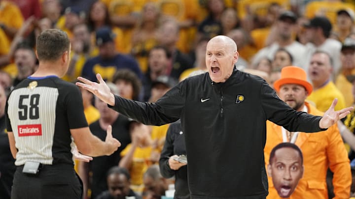 Jun 13, 2025; Indianapolis, Indiana, USA; Indiana Pacers head coach Rick Carlisle argues with NBA referee Josh Tiven after a play against the Oklahoma City Thunder during the second half during game four of the 2025 NBA Finals at Gainbridge Fieldhouse. Mandatory Credit: Kyle Terada-Imagn Images