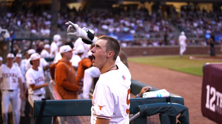 June 1, 2024; College Station, TX, USA; Texas Longhorns infielder Jared Thomas (9) celebrates a home run against the Texas A&M Aggies during the second round in the NCAA baseball College Station Regional at Olsen Field College Station. Mandatory Credit: Dustin Safranek-USA TODAY Sports June 1, 2024; College Station, TX, USA; Texas Longhorns infielder Jared Thomas (9) celebrates a home run against the Texas A&M Aggies during the second round in the NCAA baseball College Station Regional at Olsen Field College Station. Mandatory Credit: Dustin Safranek-USA TODAY Sports