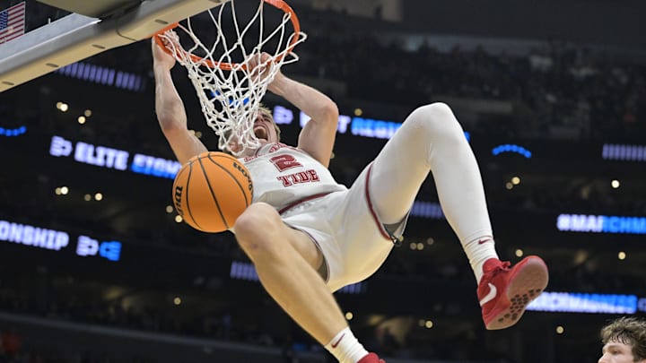 Mar 30, 2024; Los Angeles, CA, USA; Alabama Crimson Tide forward Grant Nelson (2) dunks against the Clemson Tigers in the second half in the finals of the West Regional of the 2024 NCAA Tournament at Crypto.com Arena. Mandatory Credit: Jayne Kamin-Oncea-Imagn Images