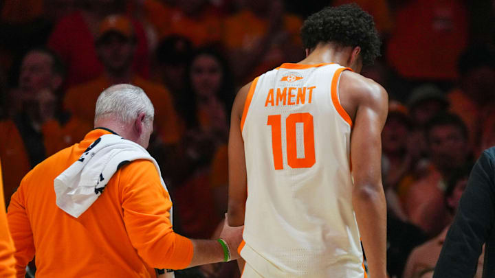 Tennessee forward Nate Ament (10) walks off the court during a NCAA basketball game between Tennessee and Alabama at Thompson-Boling Arena at Food City Center in Knoxville, Tenn., on Feb. 28, 2026.