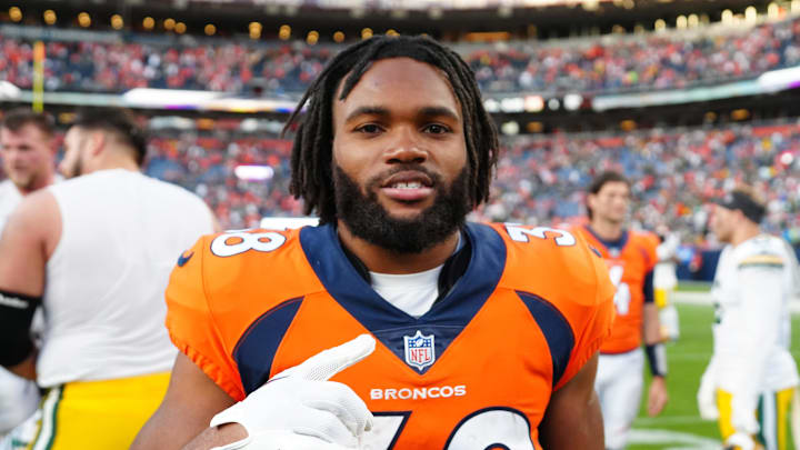 Oct 22, 2023; Denver, Colorado, USA; Denver Broncos running back Jaleel McLaughlin (38) following a win over the Green Bay Packers. 