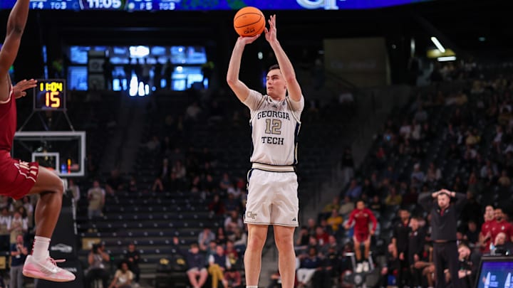 Feb 28, 2026; Atlanta, Georgia, USA; Georgia Tech Yellow Jackets guard Kam Craft (12) shoots against the Florida State Seminoles in the second half at McCamish Pavilion. Mandatory Credit: Brett Davis-Imagn Images