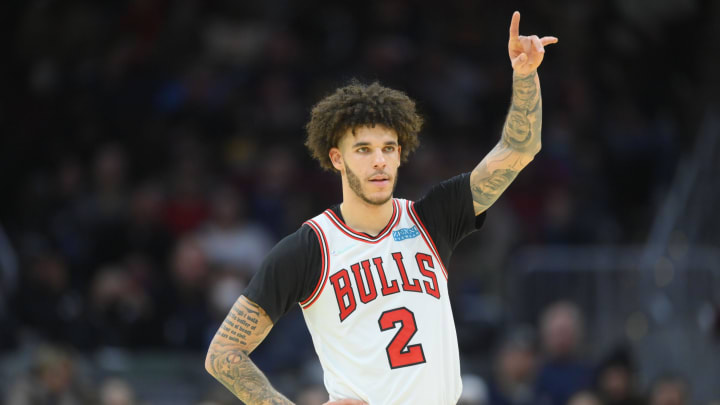Dec 8, 2021; Cleveland, Ohio, USA; Chicago Bulls guard Lonzo Ball (2) reacts in the third quarter against the Cleveland Cavaliers at Rocket Mortgage FieldHouse. Dec 8, 2021; Cleveland, Ohio, USA; Chicago Bulls guard Lonzo Ball (2) reacts in the third quarter against the Cleveland Cavaliers at Rocket Mortgage FieldHouse.