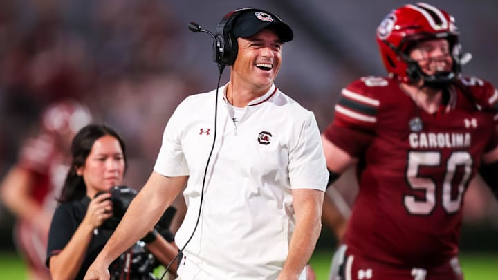 Nov 22, 2025; Columbia, South Carolina, USA; South Carolina Gamecocks head coach Shane Beamer reacts to a play against the Coastal Carolina Chanticleers in the second half at Williams-Brice Stadium. Mandatory Credit: Jeff Blake-Imagn Images