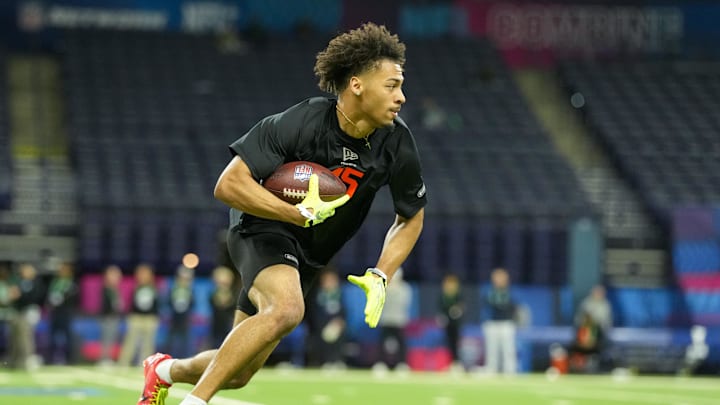 Feb 28, 2026; Indianapolis, IN, USA; Clemson wideout Antonio Williams (WO45) during the NFL Scouting Combine at Lucas Oil Stadium. Mandatory Credit: Kirby Lee-Imagn Images