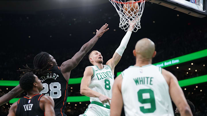 Mar 18, 2024; Boston, Massachusetts, USA; Boston Celtics center Kristaps Porzingis (8) drives to the basket against Detroit Pistons center Isaiah Stewart (28) in the first quarter at TD Garden. Mandatory Credit: David Butler II-Imagn Images Mar 18, 2024; Boston, Massachusetts, USA; Boston Celtics center Kristaps Porzingis (8) drives to the basket against Detroit Pistons center Isaiah Stewart (28) in the first quarter at TD Garden. Mandatory Credit: David Butler II-Imagn Images