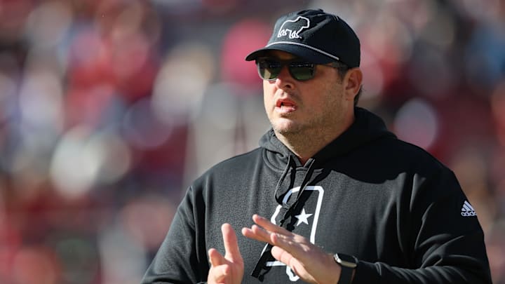 Mississippi State Bulldogs head coach Jeff Lebby prior to the game against the Arkansas Razorbacks at Donald W. Reynolds Razorback Stadium.