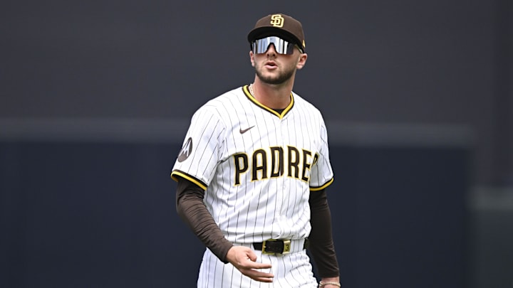 Apr 2, 2025; San Diego, California, USA; San Diego Padres center fielder Jackson Merrill (3) warms-up before a game against the Cleveland Guardians at Petco Park. Mandatory Credit: Denis Poroy-Imagn Images