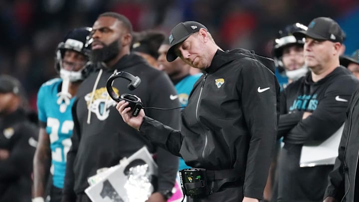 Oct 19, 2025; London, United Kingdom; Jacksonville Jaguars head coach Liam Coen reacts after a play against the Los Angeles Rams during the second half of an NFL International Series game at Wembley Stadium. Oct 19, 2025; London, United Kingdom; Jacksonville Jaguars head coach Liam Coen reacts after a play against the Los Angeles Rams during the second half of an NFL International Series game at Wembley Stadium.