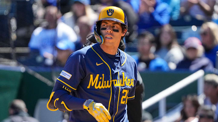 Apr 5, 2026; Kansas City, Missouri, USA; Milwaukee Brewers designated hitter Christian Yelich (22) reacts after striking out against the Kansas City Royals during the third inning at Kauffman Stadium. Mandatory Credit: Denny Medley-Imagn Images