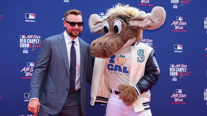 Cal Raleigh and the Mariner Moose on the red carpet ahead of the 2025 MLB All-Star game.