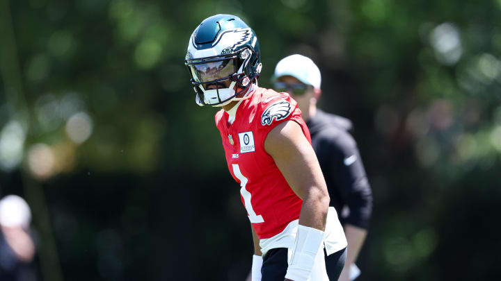 May 30, 2024; Philadelphia, PA, USA; Philadelphia Eagles quarterback Jalen Hurts (1) practices at NovaCare Complex. 