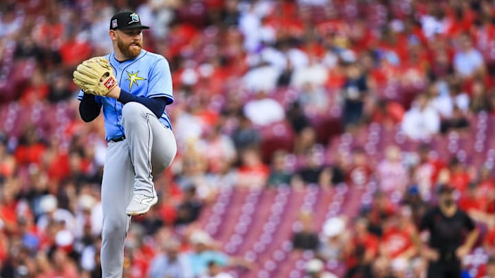 Jul 25, 2025; Cincinnati, Ohio, USA; Tampa Bay Rays starting pitcher Zack Littell (52) pitches against the Cincinnati Reds in the first inning at Great American Ball Park. Mandatory Credit: Katie Stratman-Imagn Images Jul 25, 2025; Cincinnati, Ohio, USA; Tampa Bay Rays starting pitcher Zack Littell (52) pitches against the Cincinnati Reds in the first inning at Great American Ball Park. Mandatory Credit: Katie Stratman-Imagn Images
