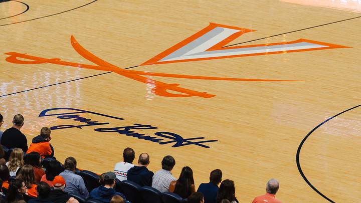 Feb 21, 2026; Charlottesville, Virginia, USA; the newly dedicated Tony Bennett Court during the game between the Virginia Cavaliers and Miami (FL) Hurricanes at John Paul Jones Arena. Mandatory Credit: Emily Faith Morgan-Imagn Images
