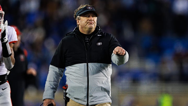 Nov 19, 2022; Lexington, Kentucky, USA; Georgia Bulldogs head coach Kirby Smart celebrates after a touchdown against the Kentucky Wildcats during the third quarter at Kroger Field. Mandatory Credit: Jordan Prather-Imagn Images