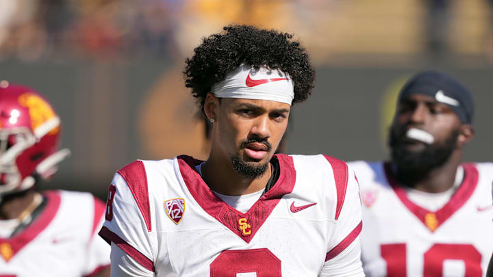 Oct 28, 2023; Berkeley, California, USA; USC Trojans quarterback Malachi Nelson (8) before the game