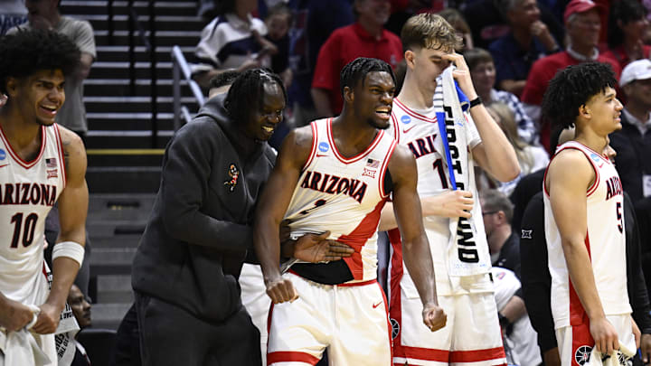 Mar 20, 2026; San Diego, CA, USA; The Arizona Wildcats bench reacts in the second half against the LIU Sharks during a first round game of the men's 2026 NCAA Tournament at Viejas Arena. Mandatory Credit: Denis Poroy-Imagn Images Mar 20, 2026; San Diego, CA, USA; The Arizona Wildcats bench reacts in the second half against the LIU Sharks during a first round game of the men's 2026 NCAA Tournament at Viejas Arena. Mandatory Credit: Denis Poroy-Imagn Images