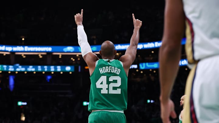 Jan 12, 2025; Boston, Massachusetts, USA; Boston Celtics center Al Horford (42) celebrates after defeating the New Orleans Pelicans at TD Garden. Mandatory Credit: Paul Rutherford-Imagn Images Jan 12, 2025; Boston, Massachusetts, USA; Boston Celtics center Al Horford (42) celebrates after defeating the New Orleans Pelicans at TD Garden. Mandatory Credit: Paul Rutherford-Imagn Images