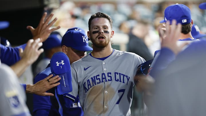Apr 18, 2025; Detroit, Michigan, USA; Kansas City Royals shortstop Bobby Witt Jr. (7) celebrates with teammates after scoring a run in the ninth inning against the Detroit Tigers at Comerica Park. Mandatory Credit: Brian Bradshaw Sevald-Imagn Images Apr 18, 2025; Detroit, Michigan, USA; Kansas City Royals shortstop Bobby Witt Jr. (7) celebrates with teammates after scoring a run in the ninth inning against the Detroit Tigers at Comerica Park. Mandatory Credit: Brian Bradshaw Sevald-Imagn Images