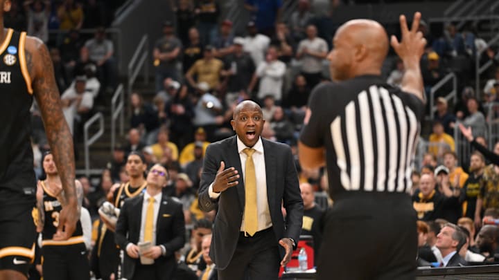 Mar 20, 2026; St. Louis, MO, USA; Missouri Tigers head coach Dennis Gates reacts after a play during the second half against the Miami (FL) Hurricanes during a first round game of the men's 2026 NCAA Tournament at Enterprise Center. Mandatory Credit: Jeff Curry-Imagn Images