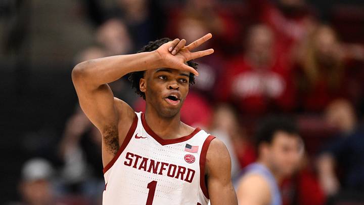 Jan 14, 2026; Stanford, California, USA; Stanford Cardinal guard Ebuka Okorie (1) celebrates a three point basket against the North Carolina Tar Heels in the second half at Maples Pavilion. Mandatory Credit: Eakin Howard-Imagn Images