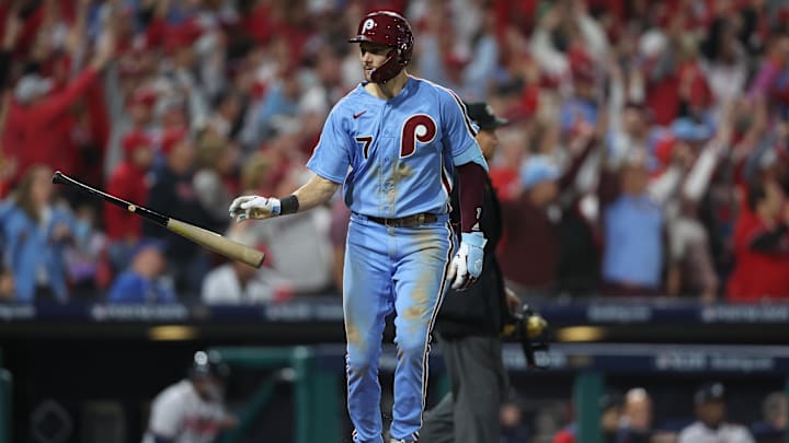 Oct 12, 2023; Philadelphia, Pennsylvania, USA; Philadelphia Phillies shortstop Trea Turner (7) hits
