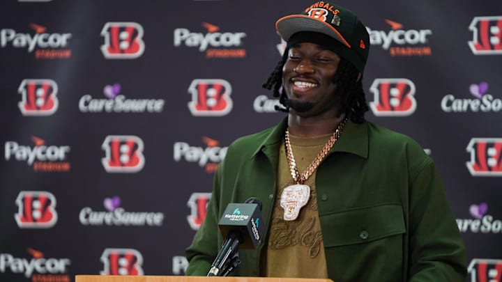 Cincinnati Bengals first-round draft pick Shemar Stewart shares a laugh during a press conference, Friday, April 25, 2025, at Paycor Stadium in Downtown Cincinnati. Cincinnati Bengals first-round draft pick Shemar Stewart shares a laugh during a press conference, Friday, April 25, 2025, at Paycor Stadium in Downtown Cincinnati.