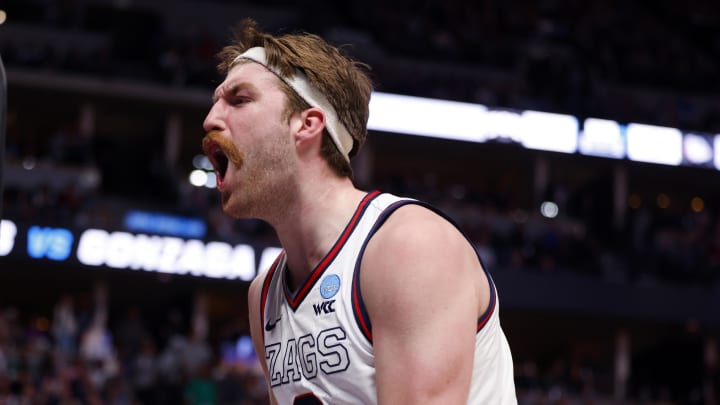Mar 19, 2023; Denver, CO, USA; Gonzaga Bulldogs forward Drew Timme (2) celebrates in the first half against the TCU Horned Frogs at Ball Arena. Mandatory Credit: Michael Ciaglo-USA TODAY Sports Mar 19, 2023; Denver, CO, USA; Gonzaga Bulldogs forward Drew Timme (2) celebrates in the first half against the TCU Horned Frogs at Ball Arena. Mandatory Credit: Michael Ciaglo-USA TODAY Sports