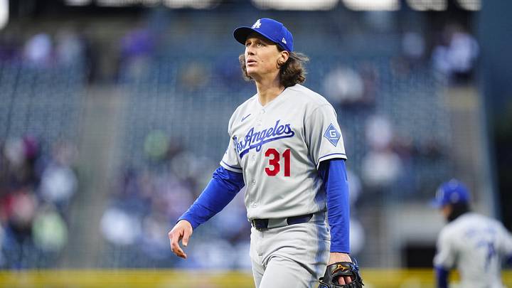 Apr 17, 2026; Denver, Colorado, USA; Los Angeles Dodgers starting pitcher Tyler Glasnow (31) walks off the mound in the first inning against the Colorado Rockies at Coors Field. Mandatory Credit: Ron Chenoy-Imagn Images