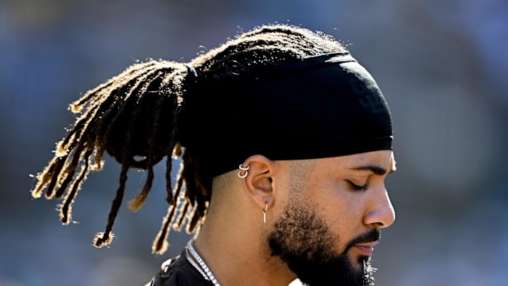 Sep 28, 2025; San Diego, California, USA; San Diego Padres right fielder Fernando Tatis Jr. (23) looks on during the seventh inning against the Arizona Diamondbacks at Petco Park. Mandatory Credit: Denis Poroy-Imagn Images