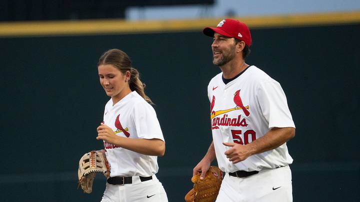 St. Louis' Taylor Shumaker, left, and Adam Wainwright run on the field during MLB's Home Run Derby X at Principal Park on Aug. 30, 2025, in Des Moines. St. Louis' Taylor Shumaker, left, and Adam Wainwright run on the field during MLB's Home Run Derby X at Principal Park on Aug. 30, 2025, in Des Moines.
