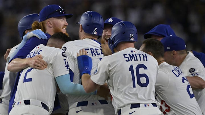 Los Angeles Dodgers players celebrate after a walk-off win