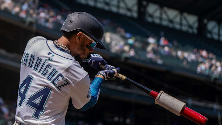 Seattle Mariners centerfielder Julio Rodriguez (44) warms up in the on deck circle before an at-bat against the Los Angeles Angels at T-Mobile Park on April 30.