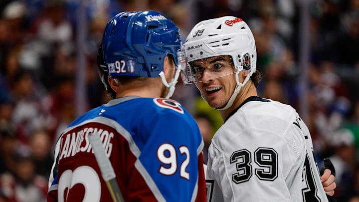 Apr 21, 2026; Denver, Colorado, USA; Los Angeles Kings left wing Jeff Malott (39) talks with Colorado Avalanche left wing Gabriel Landeskog (92) after a play in the third period in game two of the first round of the 2026 Stanley Cup Playoffs at Ball Arena. Mandatory Credit: Isaiah J. Downing-Imagn Images