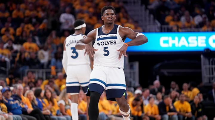 May 12, 2025; San Francisco, California, USA; Minnesota Timberwolves guard Anthony Edwards (5) reacts after making a three point basket against the Golden State Warriors in the third quarter during game four of the second round for the 2025 NBA Playoffs at Chase Center. Mandatory Credit: Cary Edmondson-Imagn Images