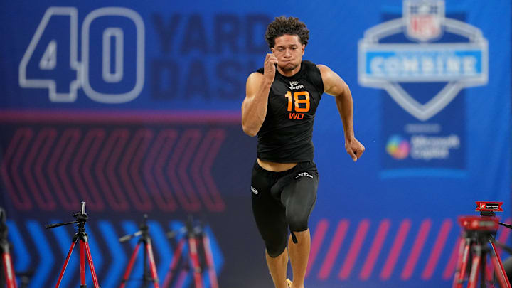 Mar 1, 2025; Indianapolis, IN, USA; Iowa State wideout Jayden Higgins (WO18) during the 2025 NFL Combine at Lucas Oil Stadium. Mandatory Credit: Kirby Lee-Imagn Images