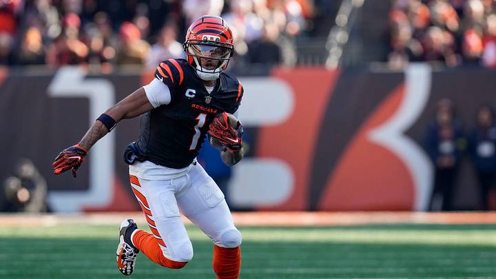 Cincinnati, Ohio, USA; Cincinnati Bengals wide receiver Ja'marr Chase (1) runs with a catch in the first quarter against the Cleveland Browns at Paycor Stadium. 