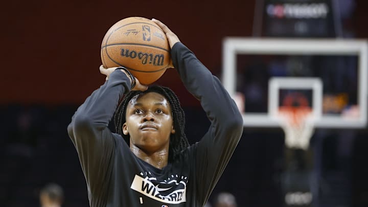 Mar 10, 2026; Miami, Florida, USA;  Washington Wizards guard Bub Carrington (7) warms up against the Miami Heat at Kaseya Center. Mandatory Credit: Rhona Wise-Imagn Images