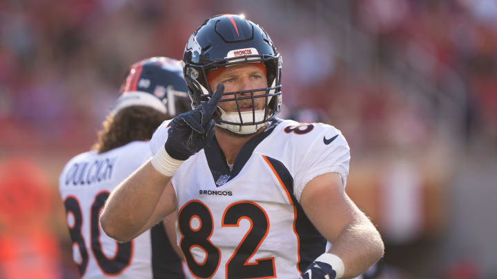 Aug 19, 2023; Santa Clara, California, USA;  Denver Broncos tight end Adam Trautman (82) signals during the first quarter against the San Francisco 49ers at Levi's Stadium. Mandatory Credit: Stan Szeto-USA TODAY Sports