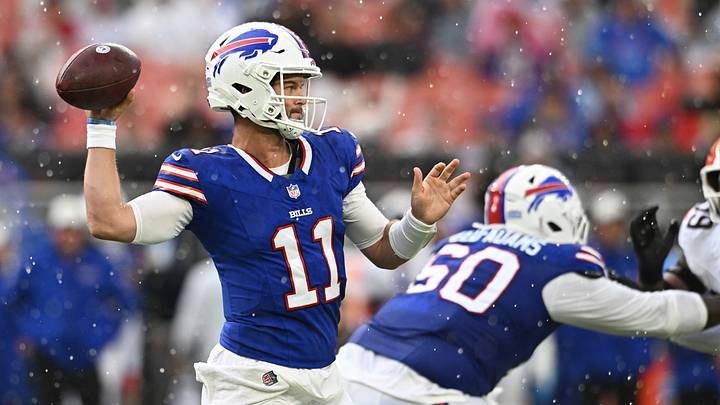 Aug 22, 2026; Cleveland, Ohio, USA; Buffalo Bills quarterback Kyle Allen (11) throws a pass during the first quarter against the Cleveland Browns at Huntington Bank Field.