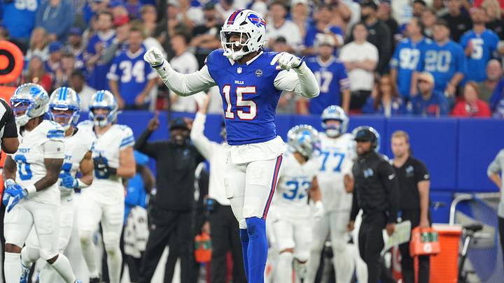 Sep 17, 2026; Orchard Park, New York, USA;  Buffalo Bills linebacker Greg Rousseau (15) reacts during the first half against the Detroit Lions at New Highmark Stadium.  