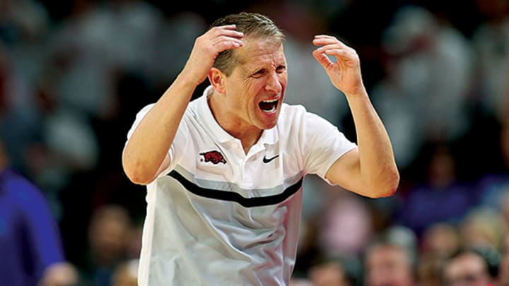 Former Arkansas coach Eric Musselman reacts to a mistake made against the Kentucky Wildcats.