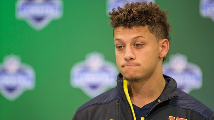 Mar 3, 2017; Indianapolis, IN, USA; Texas Tech quarterback Patrick Mahomes speaks to the media during the 2017 combine at Indiana Convention Center. Mandatory Credit: Trevor Ruszkowski-Imagn Images