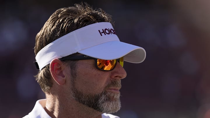 Oct 5, 2024; Stanford, California, USA;  Virginia Tech Hokies head coach Brent Pry is interviewed after defeating the Stanford Cardinal at Stanford Stadium. Mandatory Credit: Stan Szeto-Imagn Images